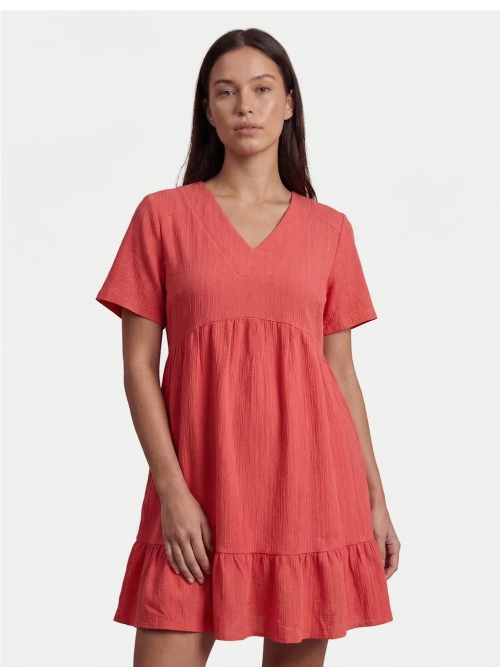 Coral V-Neck Short-Sleeve Mini Dress